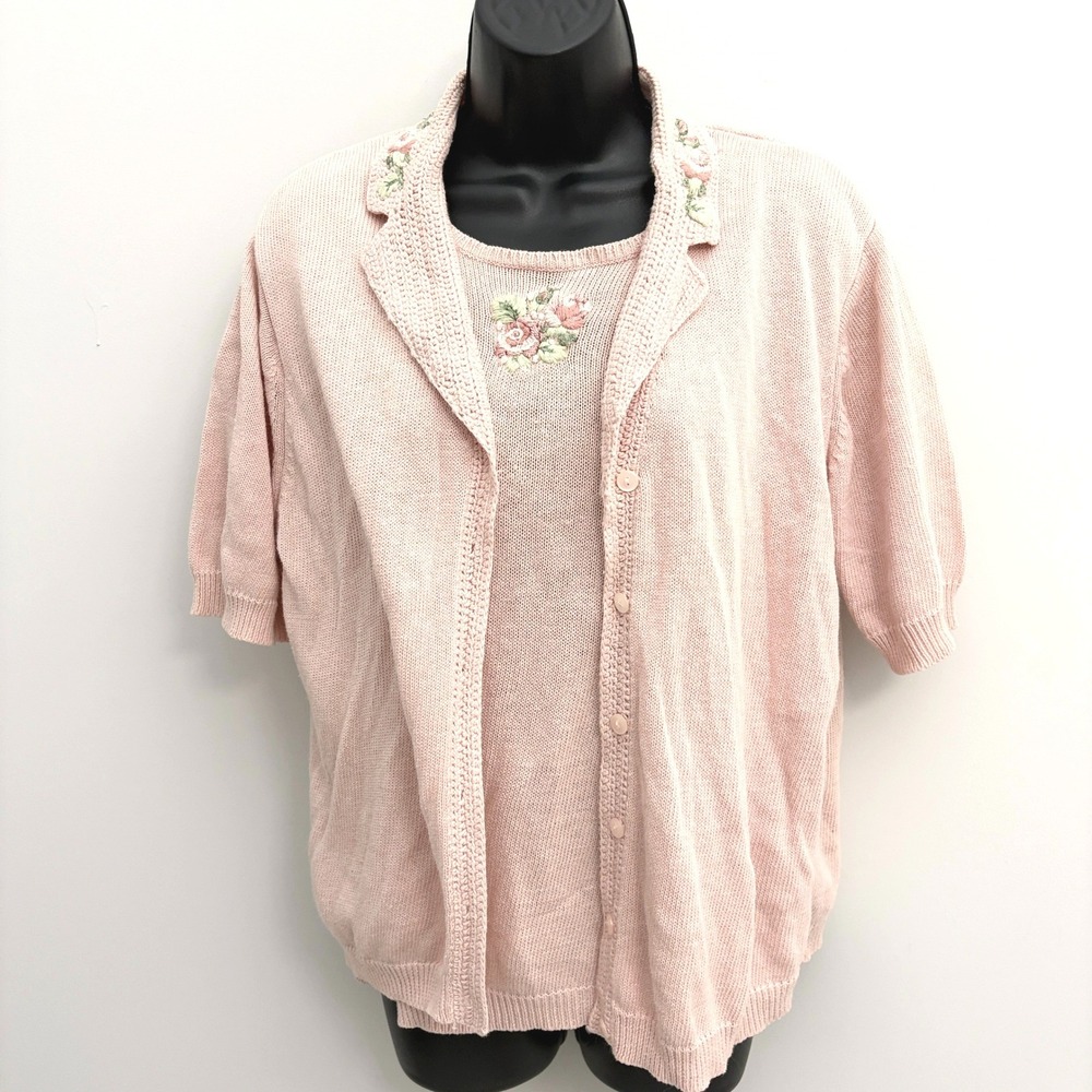 Teddi Vintage Cardigan Set Floral Embroidered Twin Set XL Pink